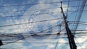 Tangled wires at electric tower