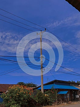 Tangled wires at Electric tower, blue sky, flower garden