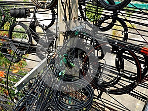 Tangled wires on electrical pole