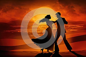 tango dancers couple, with sunset in the background at a remote beach, dancing to the music of waves