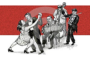 Tango dancers and musicians