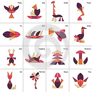 Tangram. 16 Schemes with animals and objects.