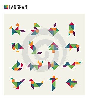 Tangram children brain game cutting transformation puzzle vector set