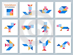 Tangram Pythagoras puzzle. Vector set with various objects.