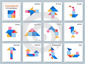 Tangram Pythagoras puzzle. Vector set with various objects.