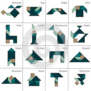 Tangram puzzle game Schemas with different objects