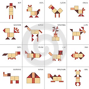 Tangram puzzle game Schemes with different objects