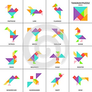 Tangram puzzle game. Vector set with various birds
