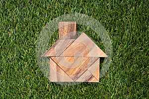 Tangram Puzzle In Home Shape On Green Grass Background