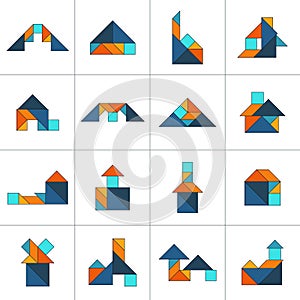 Tangram puzzle for kids. Set of tangram buildings.