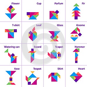 Tangram puzzle for kids. Set of tangram objects.