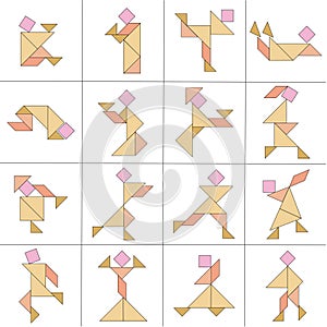 Tangram puzzle. Set with different poses of people