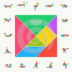 Tangram puzzle square set. Vector triangle geometric tangram template illustration chinese traditional