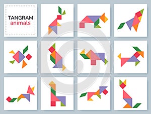 Tangram puzzle. Vector set with various animals.