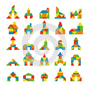 tangram puzzles. collection of triangle puzzles different constructions abstract houses funny buildings. Vector set