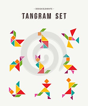 Tangram set creative art of colorful animal shapes