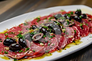 Tangy Beef carpaccio olives. Generate Ai