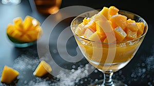 tangy mango sorbet adorned with diced fresh mango, offering a tropical indulgence that tantalizes the taste buds.