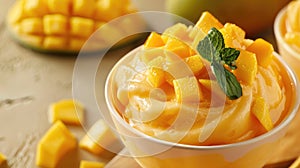 tangy mango sorbet adorned with diced fresh mango, offering a tropical indulgence that tantalizes the taste buds.