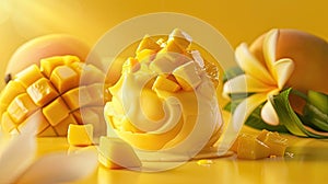 tangy mango sorbet adorned with diced fresh mango, offering a tropical indulgence that tantalizes the taste buds.