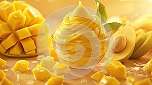 tangy mango sorbet adorned with diced fresh mango, offering a tropical indulgence that tantalizes the taste buds.