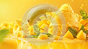 tangy mango sorbet adorned with diced fresh mango, offering a tropical indulgence that tantalizes the taste buds.