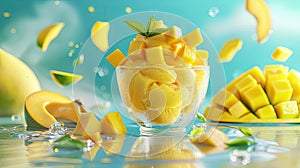 tangy mango sorbet adorned with diced fresh mango, offering a tropical indulgence that tantalizes the taste buds.