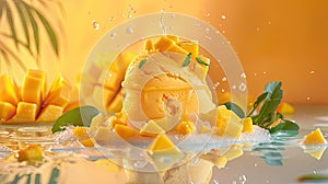 tangy mango sorbet adorned with diced fresh mango, offering a tropical indulgence that tantalizes the taste buds.