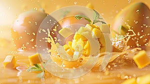 tangy mango sorbet adorned with diced fresh mango, offering a tropical indulgence that tantalizes the taste buds.