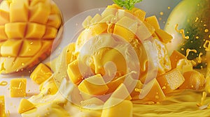 tangy mango sorbet adorned with diced fresh mango, offering a tropical indulgence that tantalizes the taste buds.