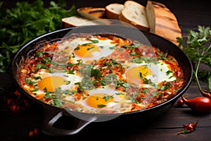 Tangy Shakshuka in frying pan. Generate Ai