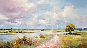 Lively Coastal Landscape: Path In Field Oil Painting photo