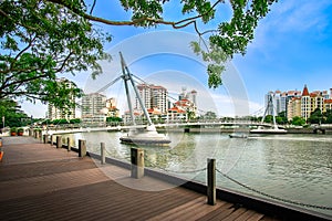 Tanjong Rhu Suspension Bridge near Singapore Sports Hub. It is a sports and recreation district in Kallang, Singapore.