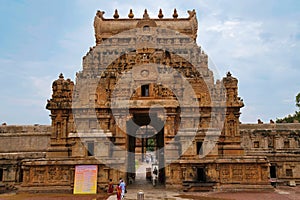 TANJORE, TAMIL NADU, INDIA - October 2016, Tourist at Rajarajan Tiruvasal, Third entrance gopura, Brihadisvara Temple
