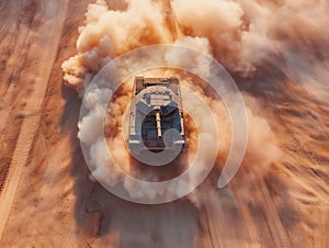 Tank Advancing Through Desert with Dust Trail