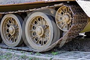 Tank caterpillar in a military museum. Old military equipment on