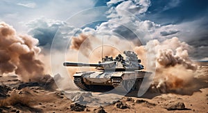 tank in the desert with smoke coming from the exhaust system