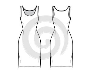 Tank dress technical fashion illustration with scoop neck, straps, knee length, fitted body, Pencil fullness. Flat