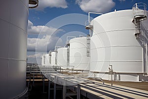 tank farm, with array of tanks and pipes, transporting refined products