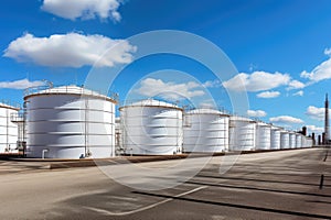 Tank farm with rows of oil storage tanks.