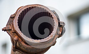 Tank gun, barrel muzzle of a military army close-up. Broken burnt tank. Barrel of a tank gun, selective focus. Destroyed and