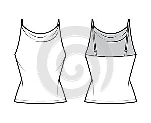 Tank high cowl top technical fashion illustration with thin adjustable straps, slim fit, elongated hem. Flat apparel