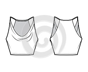 Tank low cowl Crop Camisole technical fashion illustration with thin adjustable straps, slim fit, waist length. Flat