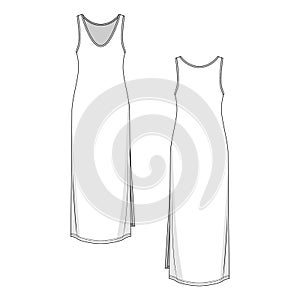Tank maxi dress, front and back view flat vector illustration