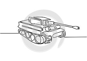 Tank one line drawing. An armoured fighting vehicle designed for front-line combat. Vector illustration army engine, minimalism