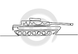 Tank one line drawing. An armoured fighting vehicle designed for front-line combat. Vector illustration army engine, minimalism