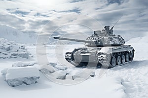 Tank positioned on a snowy battlefield. Generative AI