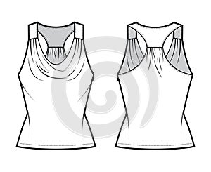 Tank racerback cowl top technical fashion illustration with ruching, fitted body, tunic length. Flat apparel outwear