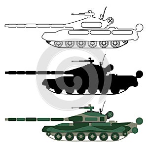 Tank silhouette, cartoon, outline. Military equipment set icon.