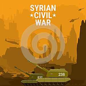 tank still desert attack enemy flat design,village background,vector illustration